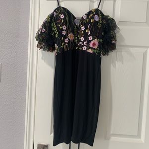 Black strapless floral bodycon dress